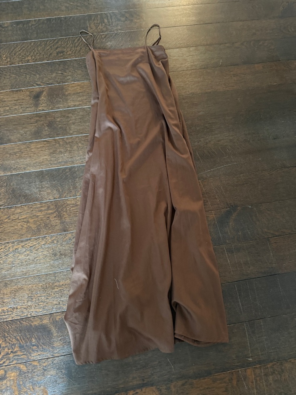 LESET Brown Satin Maxi Slip Dress with Spaghetti Straps